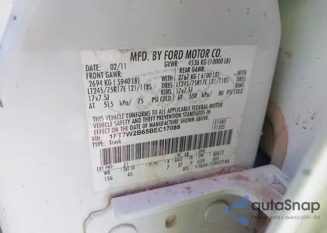 2011 Ford F-250 Xl из США, поврежденный, VIN 1FT7W2B65BEC17088